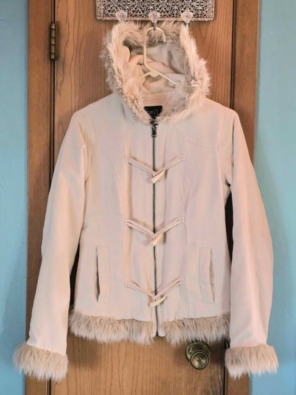 Size S Rue21 Cream Colored Hooded Faux Fur Trimmed Jacket